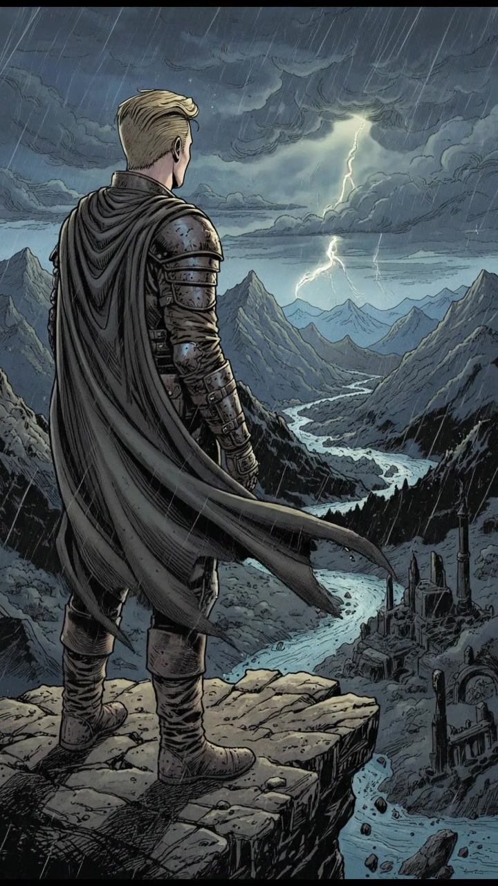 Ryan standing on a cliff's edge, looking out over a vast valley with stormy skies.