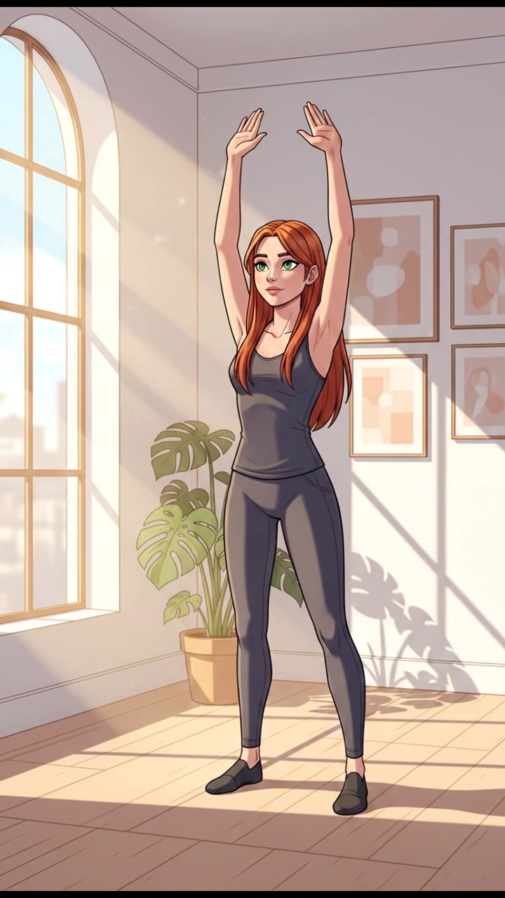 Emma standing in a sunlit room with her arms raised, as if demonstrating an exercise.