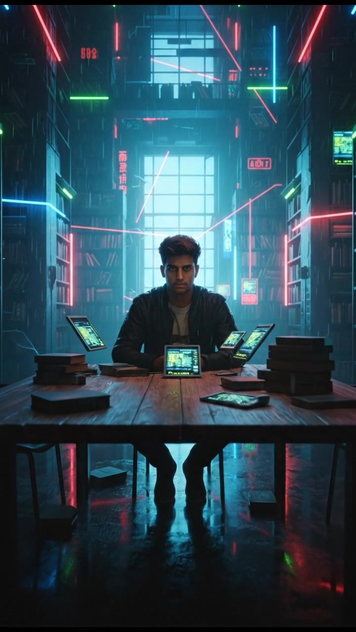Arjun sitting alone at a wooden table in the library, surrounded by books.