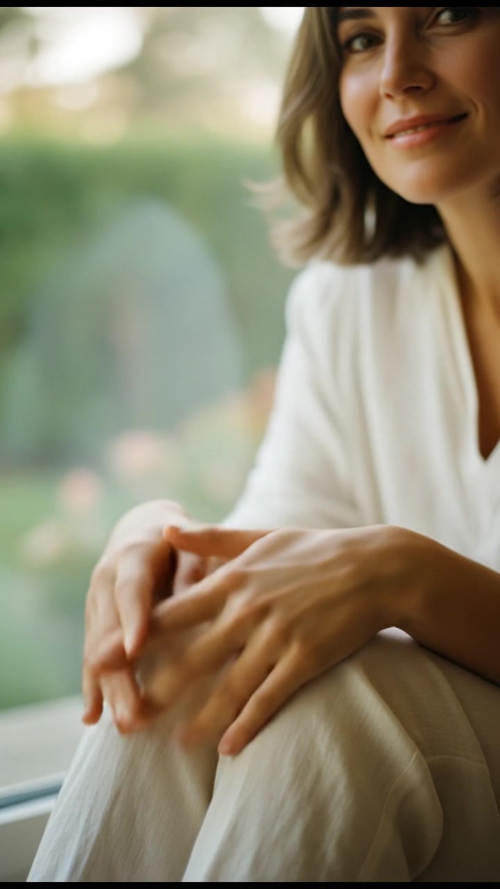 Close-up of Sara's relaxed hands resting on her lap, a serene expression visible on her face.
