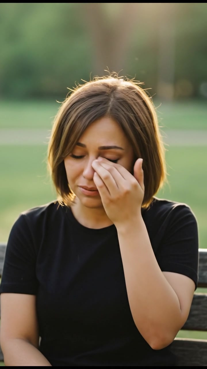 A close-up of Sara with tears streaming down her face, sitting alone on a park bench.