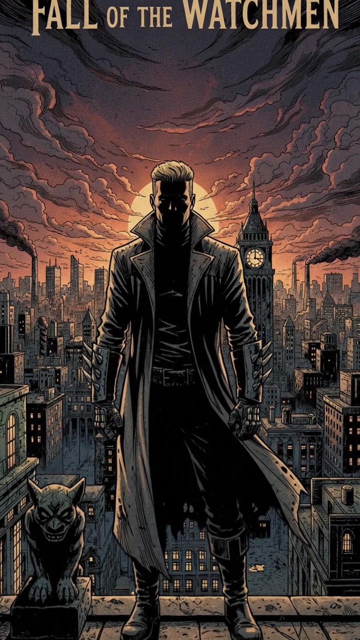 A silhouette of Ryan against a setting sun, with a city skyline in the background.