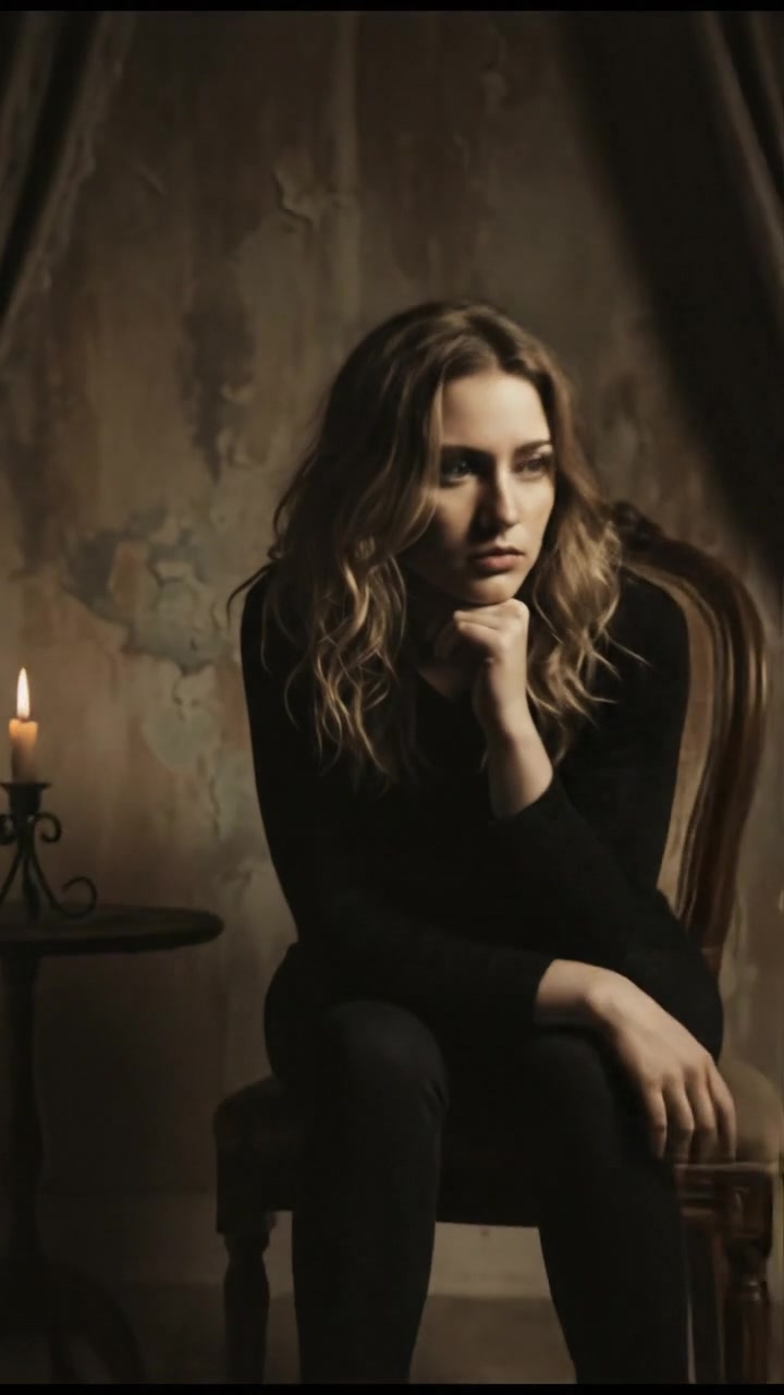 Ashley sitting on a chair, deep in thought, with shadows casting across her face.