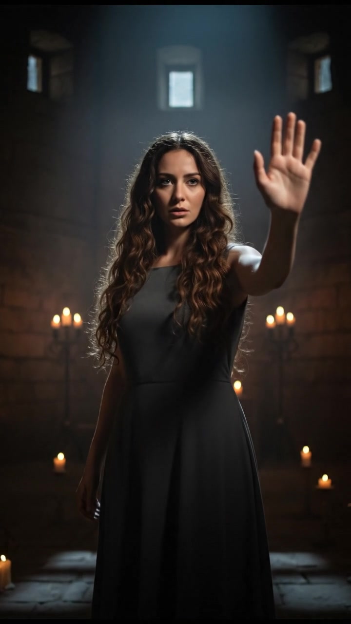 Maya standing in a dimly lit room, her hand raised as if signaling someone to stop.