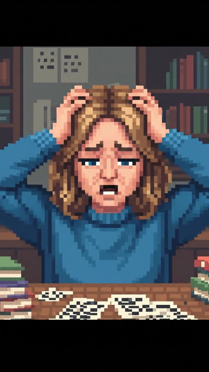 A close-up of Ashley looking frustrated, sitting at a desk filled with books and papers.