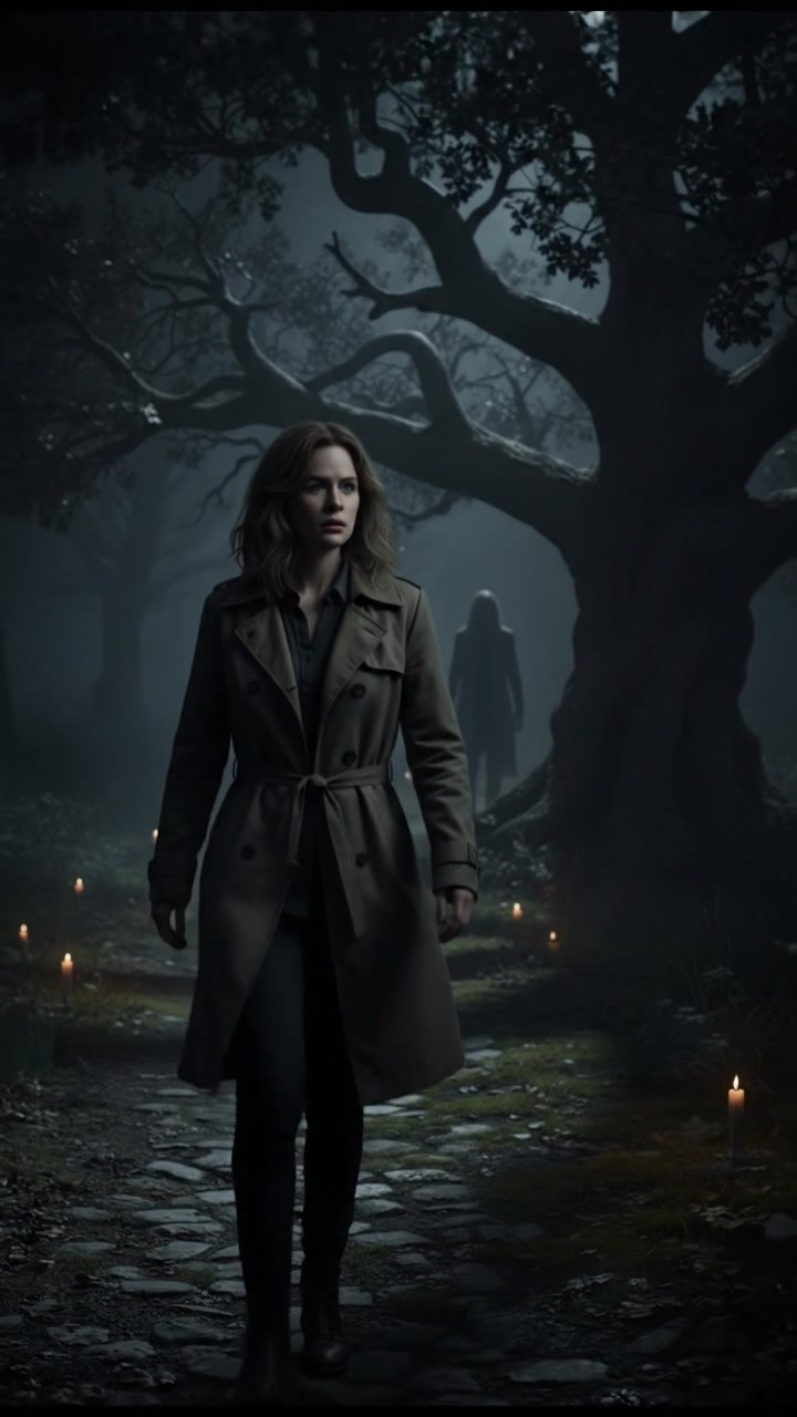 A shadowy figure lurking behind a tree in the distance while Ashley walks cautiously forward.