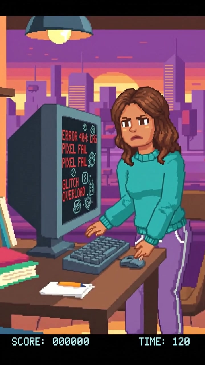 Laila, with an exasperated expression, staring at her lagging screen with pixelated error messages.