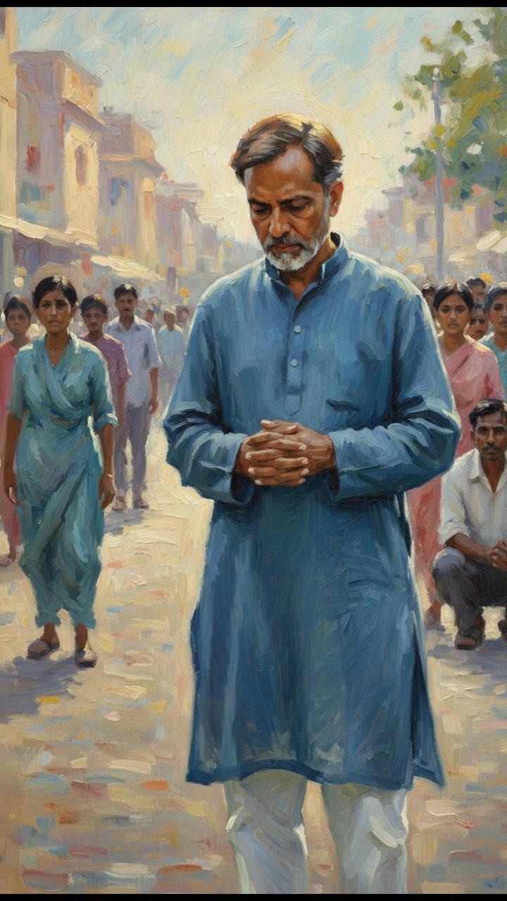 The Raj in a contemplative pose, with a backdrop of concerned onlookers and an empty street.