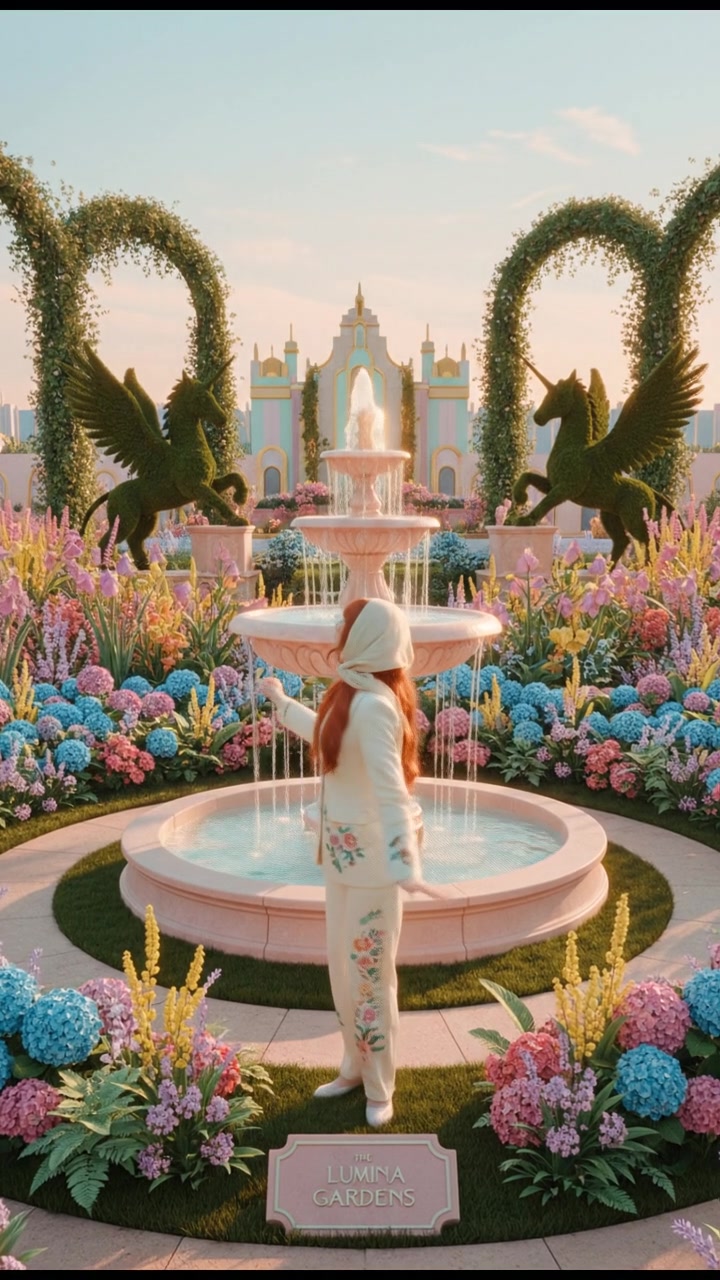Emma standing in a magical garden, surrounded by vibrant flowers and a shimmering fountain.