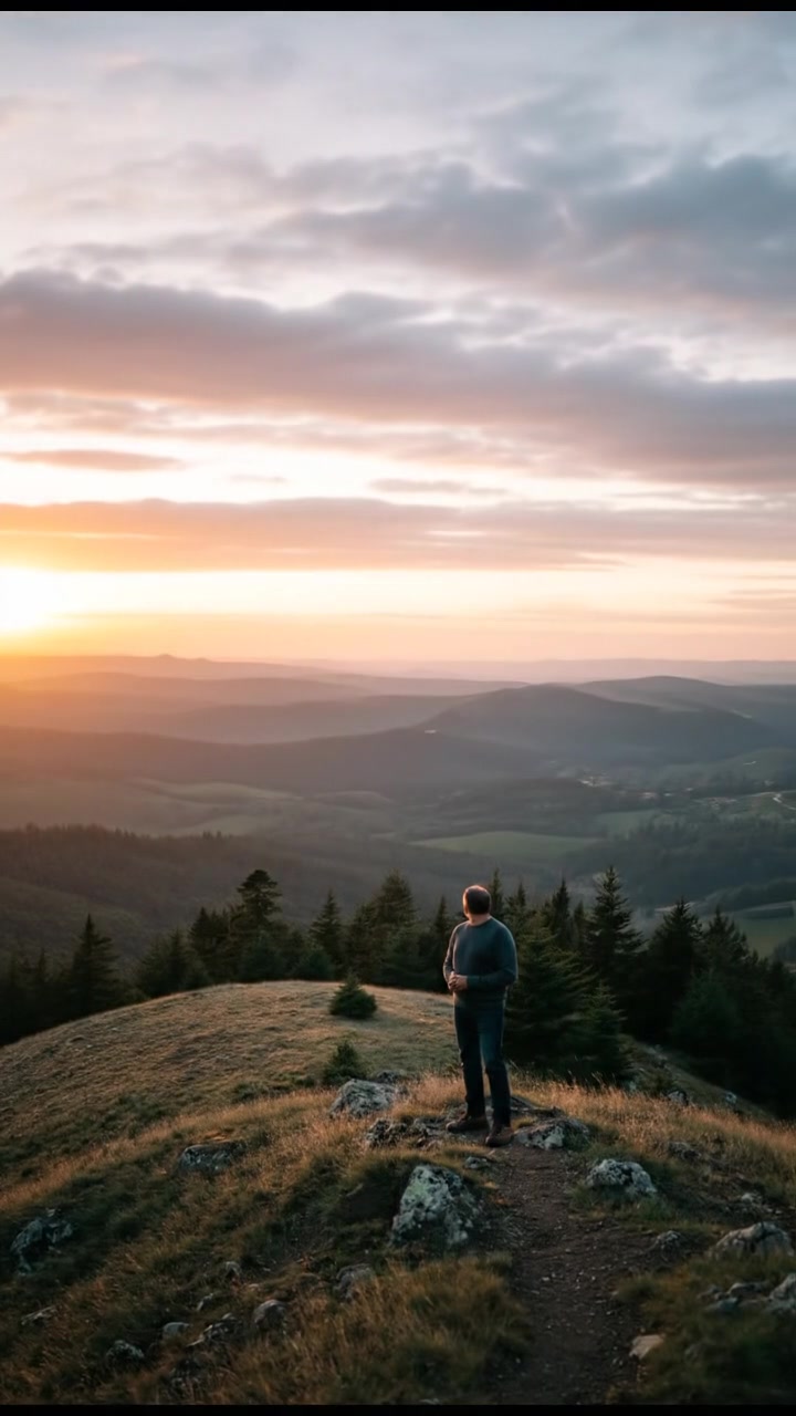 Raj standing on a hilltop, gazing at the horizon, with soft clouds above.