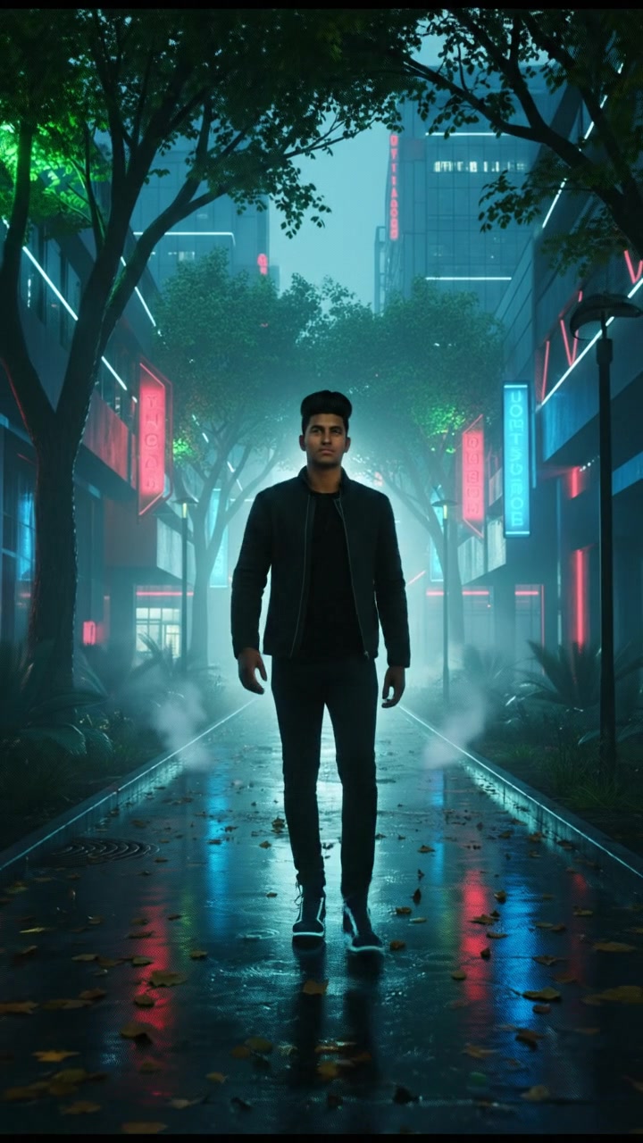 A college campus with Arjun walking along a path, surrounded by trees and buildings in the background.