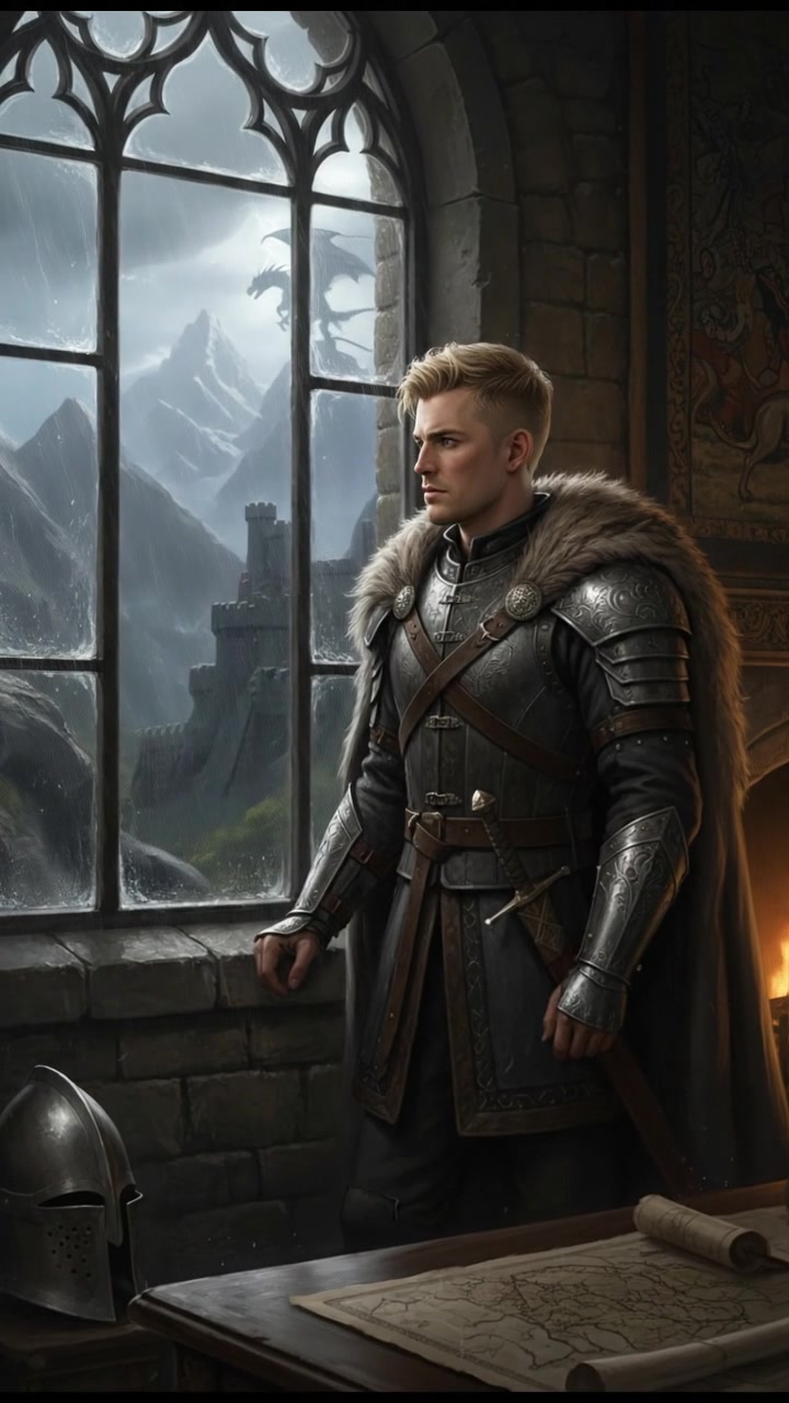 The Ryan looking contemplative while standing by a window, rain visible outside.