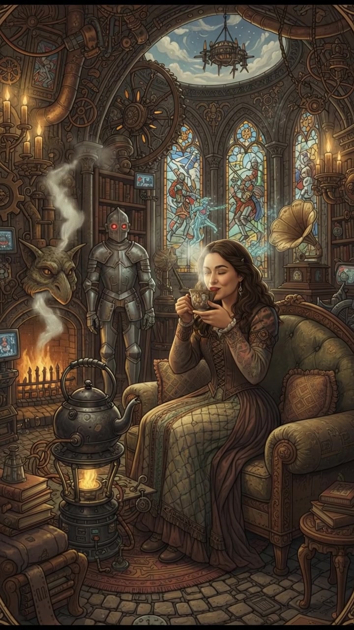 A cozy living room with Maya sitting on a couch, smiling while holding a cup of tea.