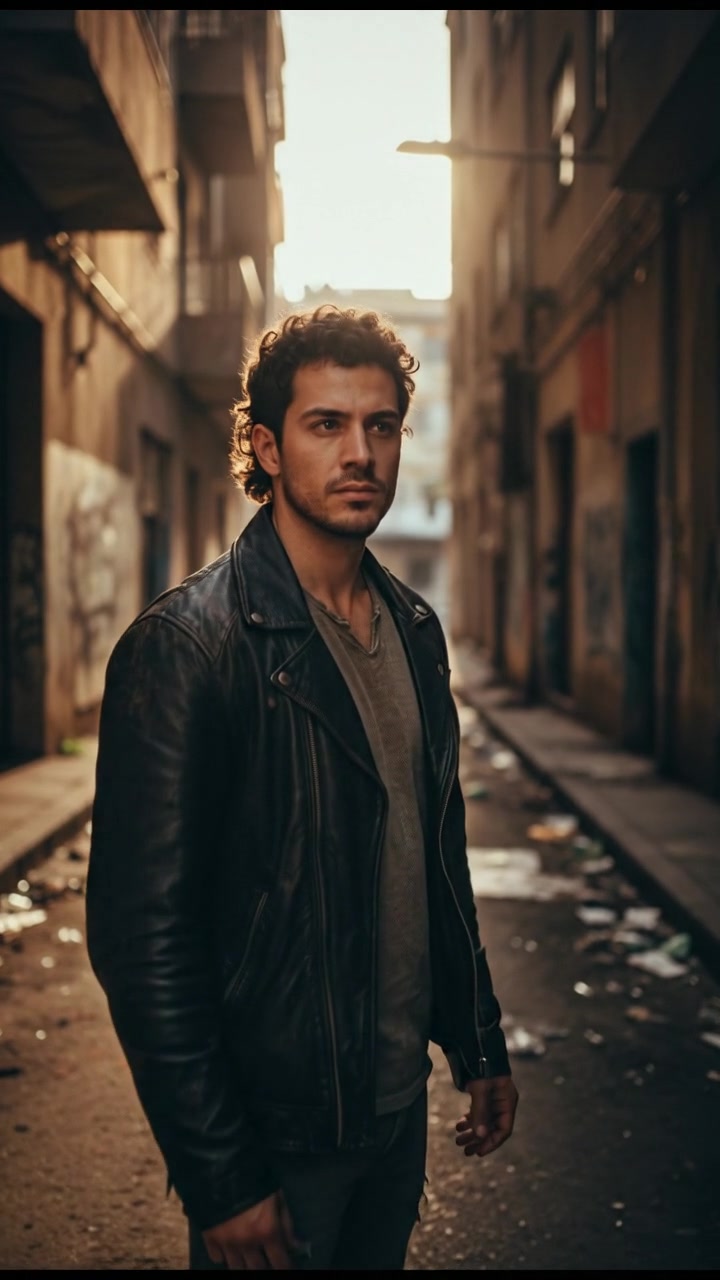 A dark alleyway with shadows, focusing on the Mateo standing alone, looking determined.