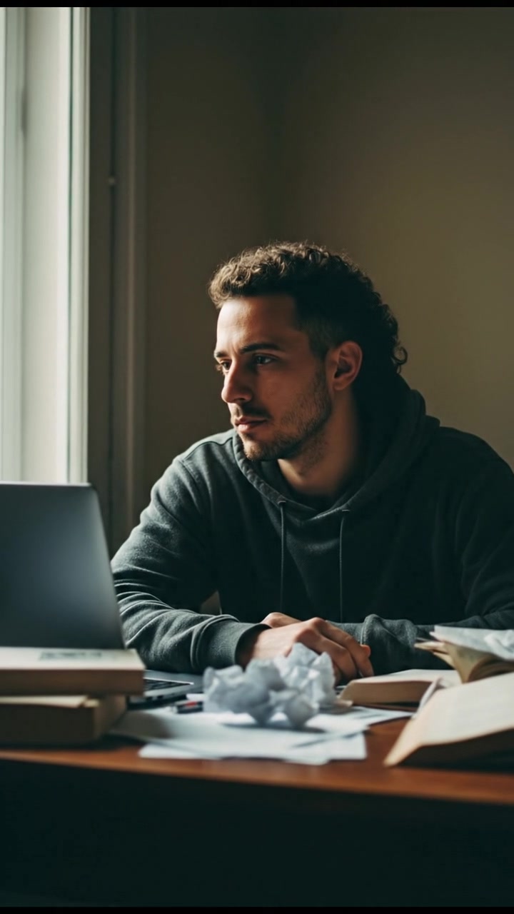 The Mateo sits at a desk, surrounded by papers and a laptop, deep in thought.
