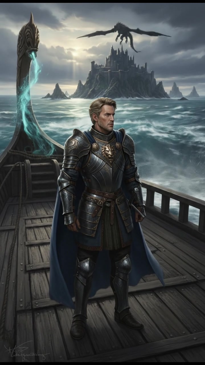 Mark standing on the deck of his ship, looking determined as he gazes out at the ocean.