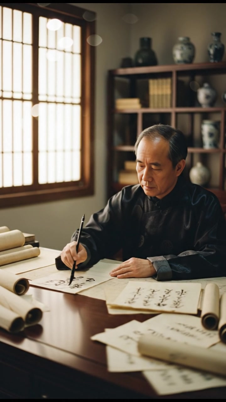 Hiro seated at a formal desk covered in scrolls, writing with a calligraphy brush.
