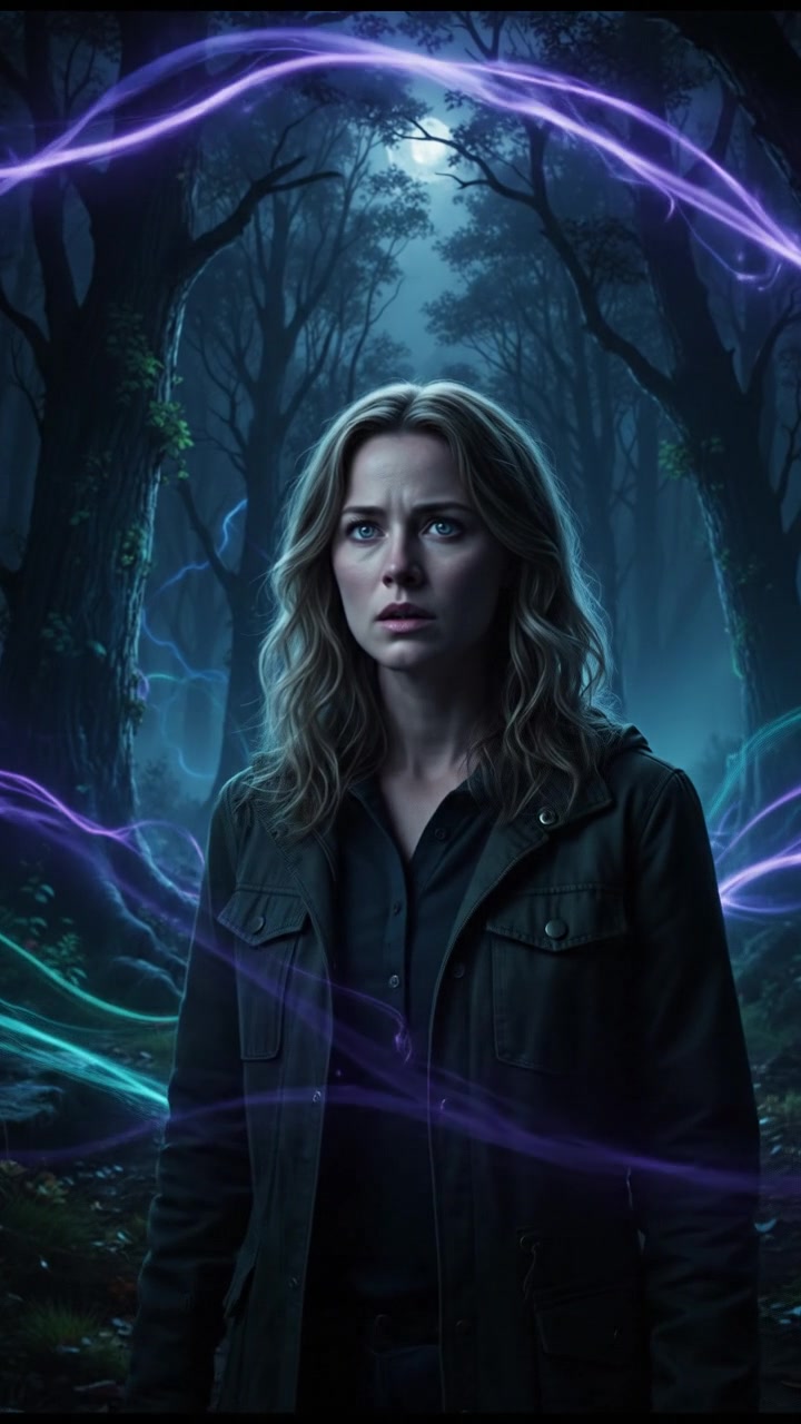 Ashley looking concerned as she gazes towards a dark forest in the distance.