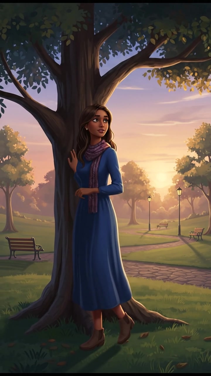 A park setting during early evening, with the Priya standing beside a tree, gazing thoughtfully.