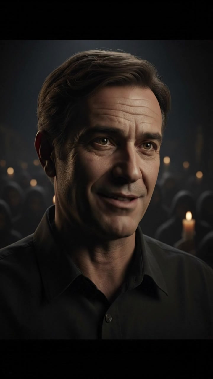 A close-up of Omar' face, with a compassionate expression, as he addresses the crowd with sincerity.