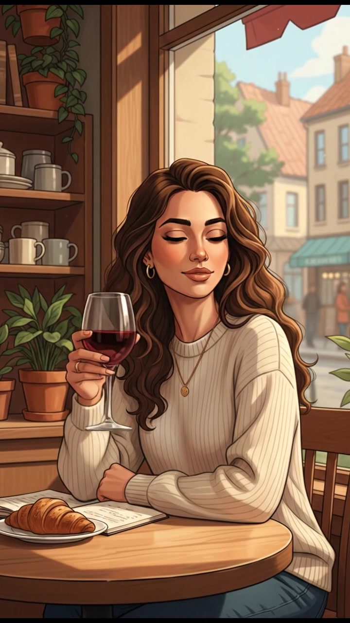Maya sitting in the cafe, gazing thoughtfully out the window while enjoying her wine.