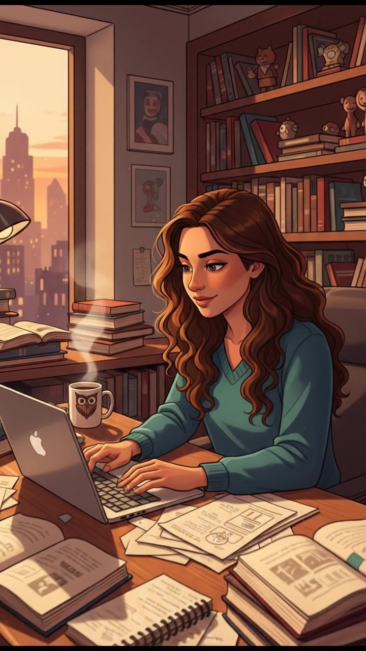 Maya sits at a desk, typing on a laptop, surrounded by books and notes.