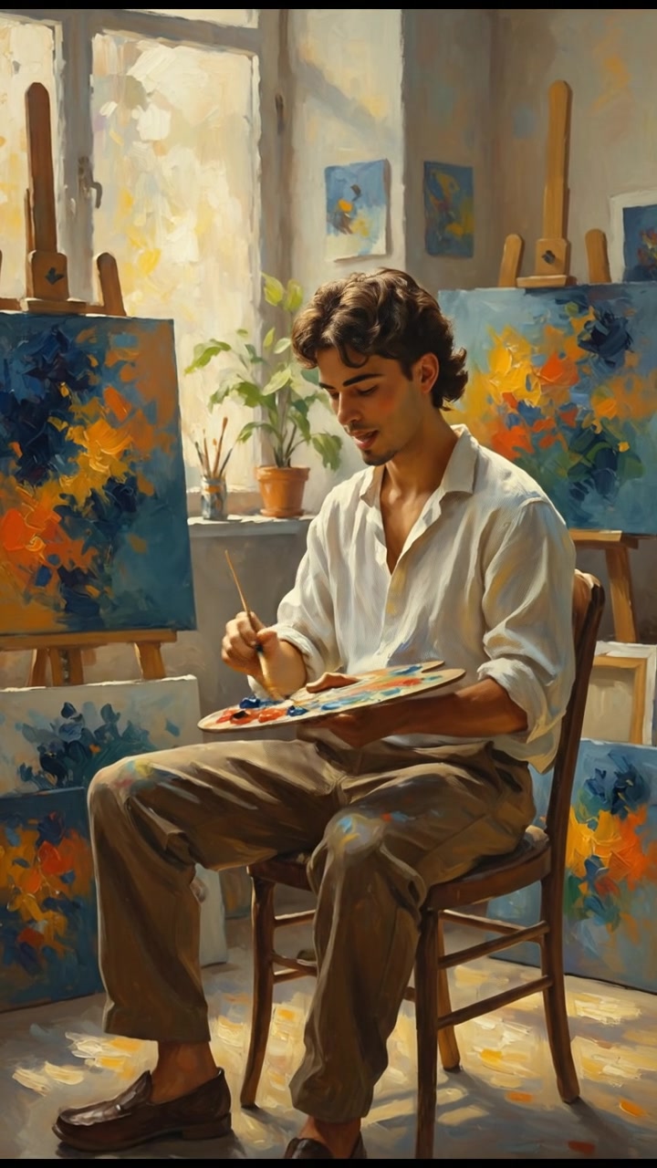 Mateo sitting on a wooden chair in a sunlit studio, surrounded by colorful canvases and holding a palette.