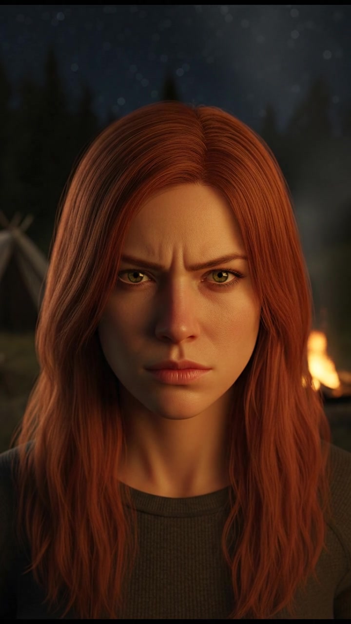 A close-up of Emma's determined face, her eyes reflecting the flickering light of a small fire.