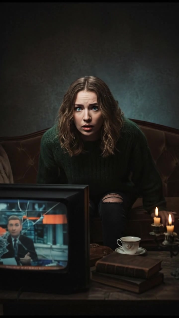 Ashley sitting on a couch in a cozy living room, watching TV with an expression of surprise.