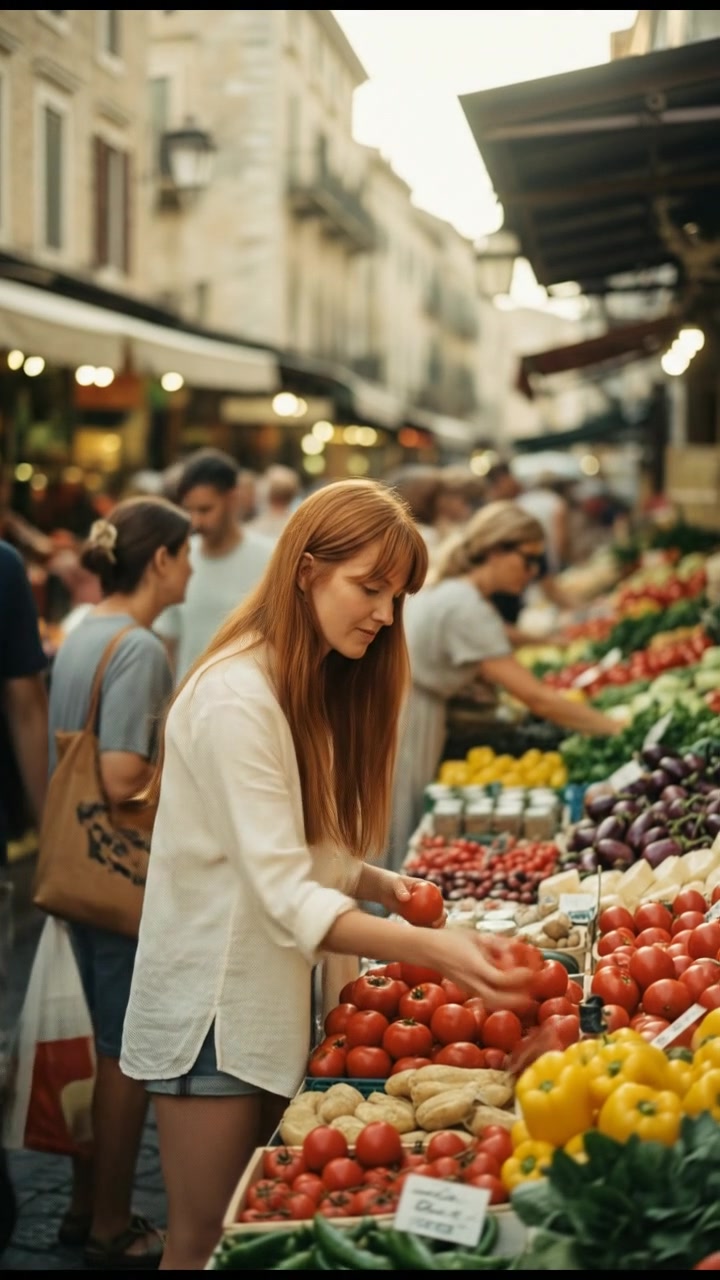 A crowded street market with people shopping, stalls full of colorful produce, and a woman browsing through the items.