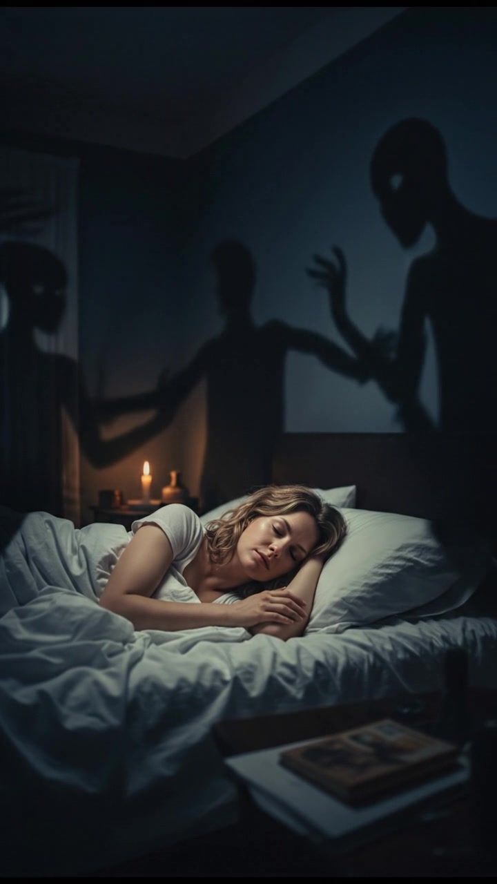 A dark room at night with Ashley in bed, eyes closed, and shadows looming around her.