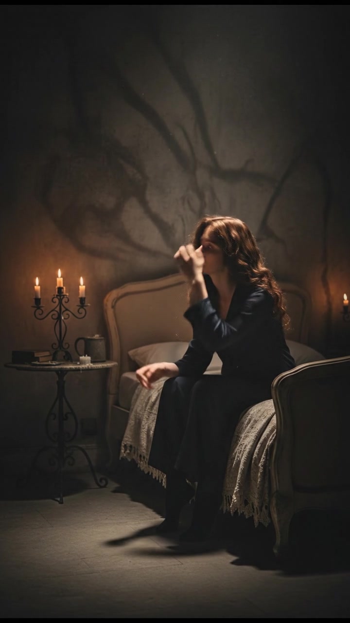 Maya, sitting on the edge of the bed in a dimly lit room, looking contemplative and holding her head in her hands.