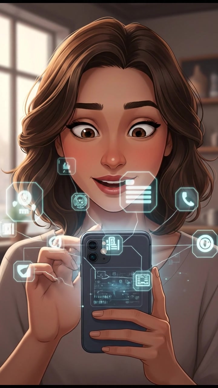 A close-up of the Laila holding her iPhone, looking intrigued as she examines the screen.