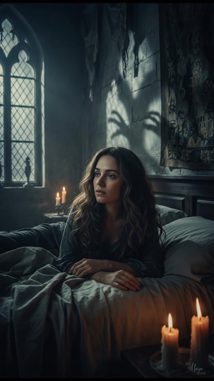 Maya in bed at 3 a.m., the moonlight casting eerie shadows, looking lost in thought.