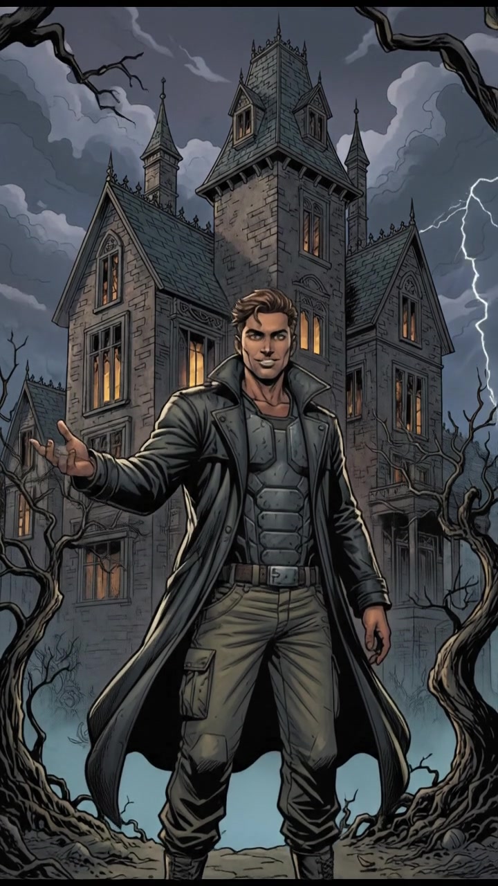 The Arjun stands proudly in front of a large house, gesturing towards it with a confident smile.