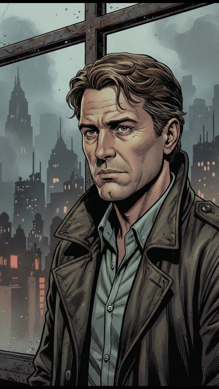 A close-up of Mark standing at a window, staring out at a foggy cityscape, deep in thought.