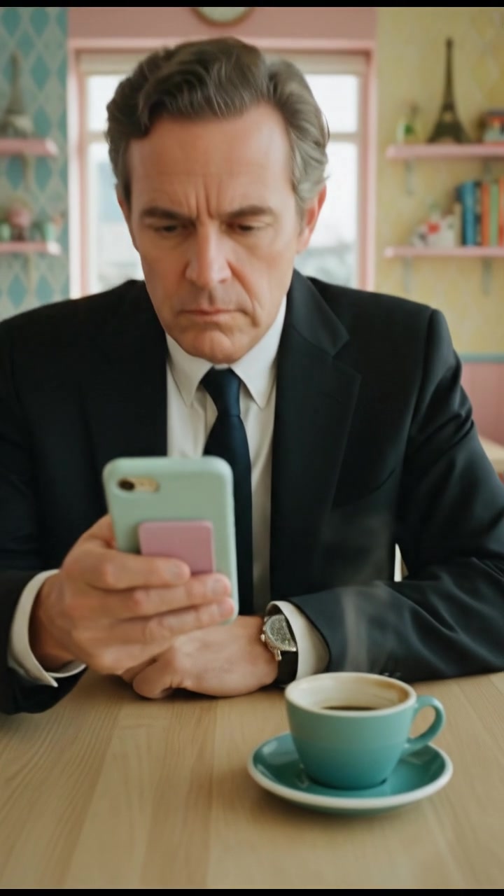 A close-up of Mark looking at a smartphone, focused, with a coffee cup beside him on the table.