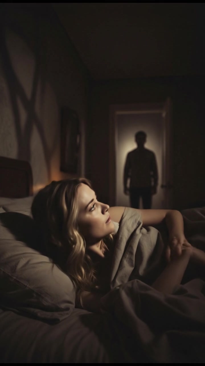 Ashley in bed, eyes partially open, hearing a familiar voice from the doorway.