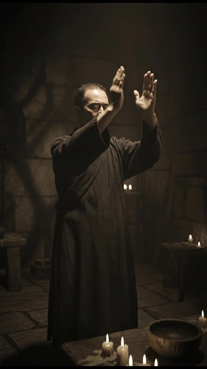 Hiro standing with his hands raised in prayer against the backdrop of a dimly lit room.