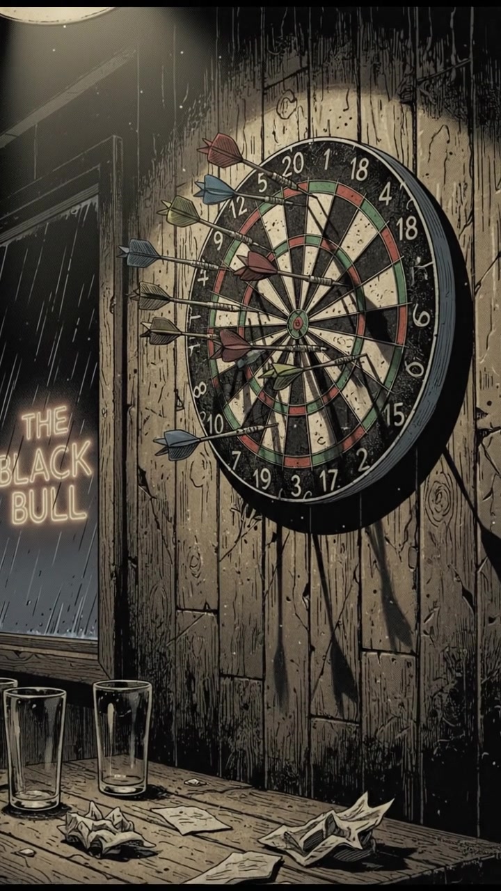 A dartboard with colorful darts embedded in it, against a wooden wall in a lively pub.