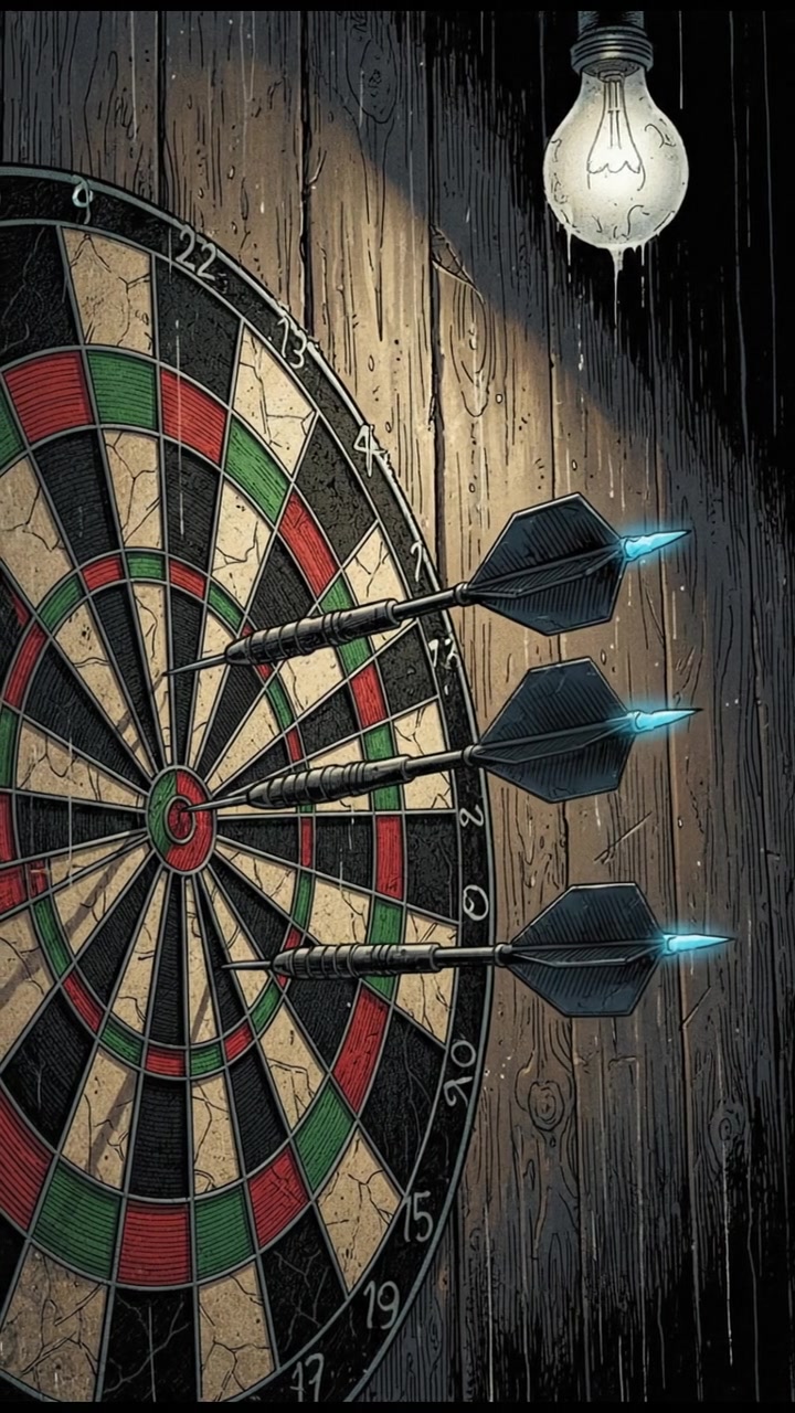 A close-up of a dartboard, with a few modern darts embedded in it, against a wooden wall.