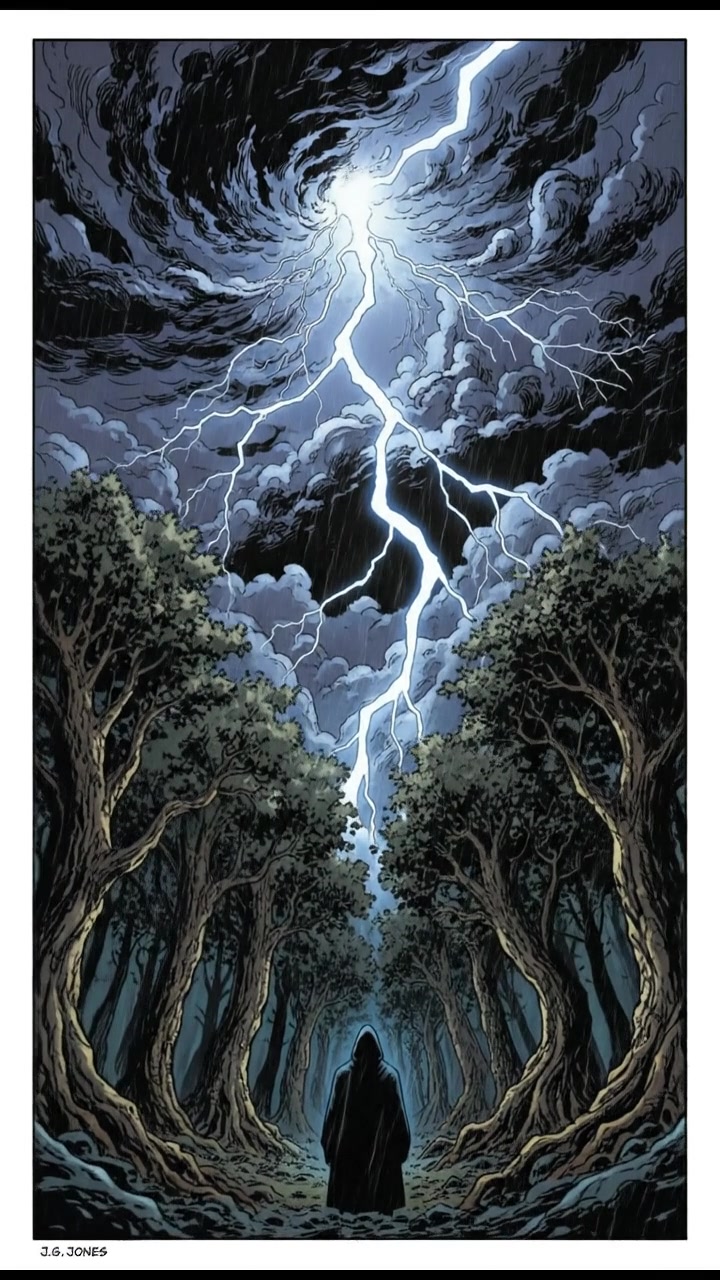 A dramatic scene of lightning illuminating a dark stormy sky over a forest.