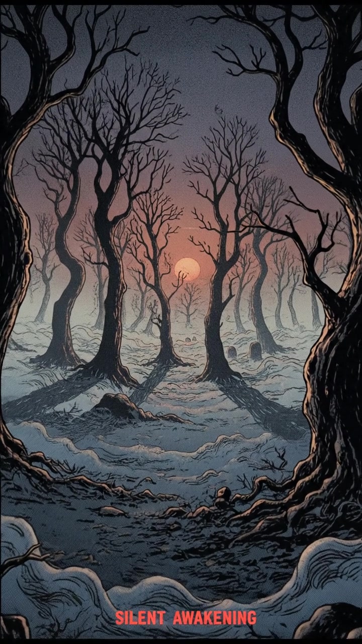 A misty landscape at dawn, with silhouettes of trees emerging from the fog, suggesting a moment of stillness.