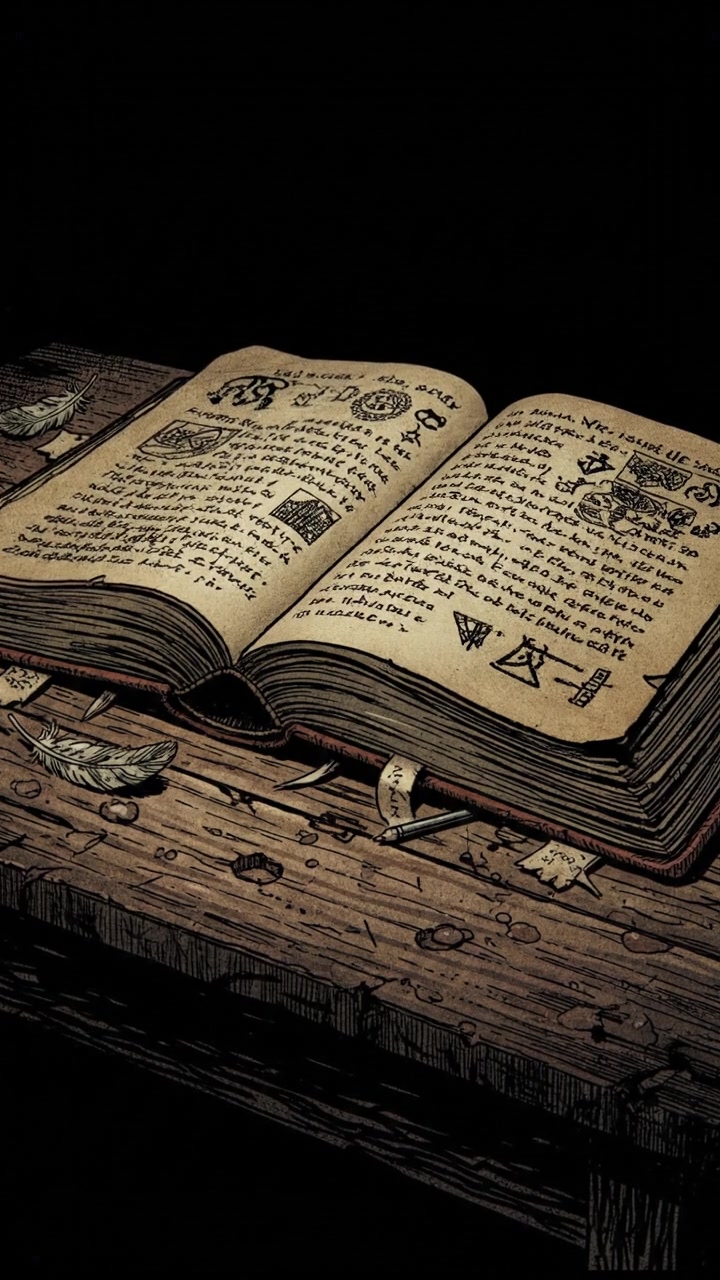 A close-up of an open book showing worn pages with handwritten notes, lying on a wooden table.