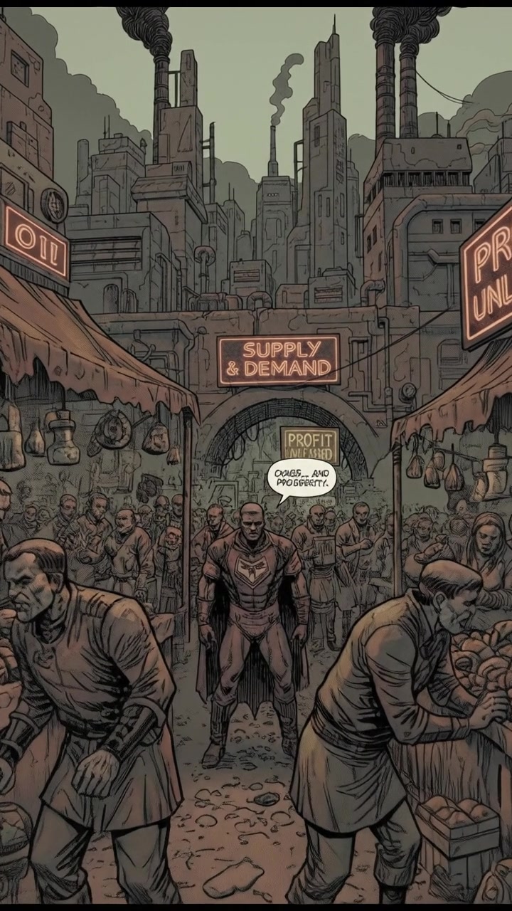 A busy marketplace scene with vendors selling goods, showcasing the benefits of the free market.