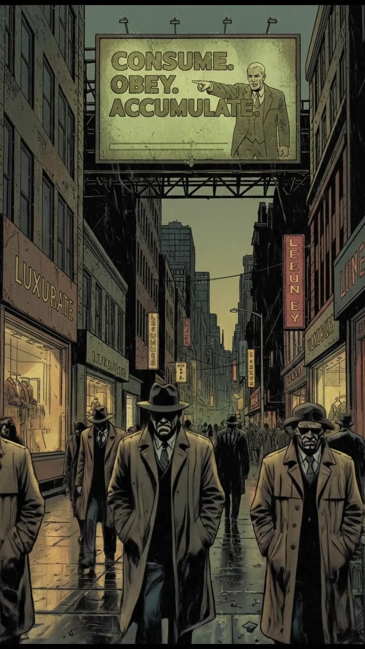 A bustling city street with people walking past luxury shops, a billboard displaying capitalist slogans.