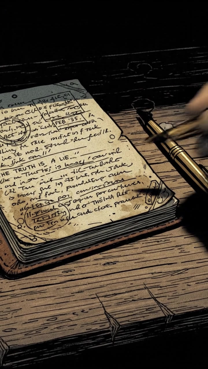 A close-up of a notebook with handwritten notes and a pen beside it, placed on a wooden table.