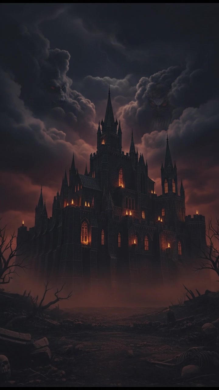 An elegant, dark castle exterior with ominous clouds above, representing the legend of the Blood Countess.