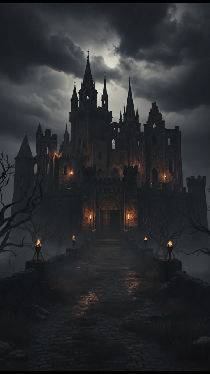 A dark, eerie castle in the background with stormy clouds above, symbolizing mystery and intrigue.