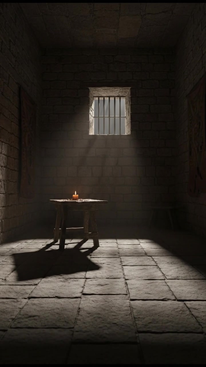 A dimly lit empty room with stone walls, a small barred window casting shadows.